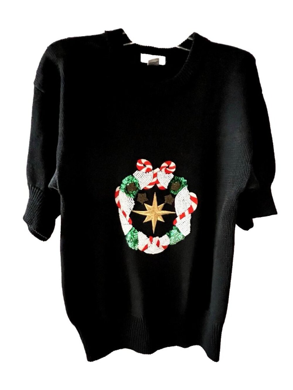 CHRISTMAS Sweater Women's Small HOLIDAY Wreath Star Sequin Lindsey Blake Y2K VTG